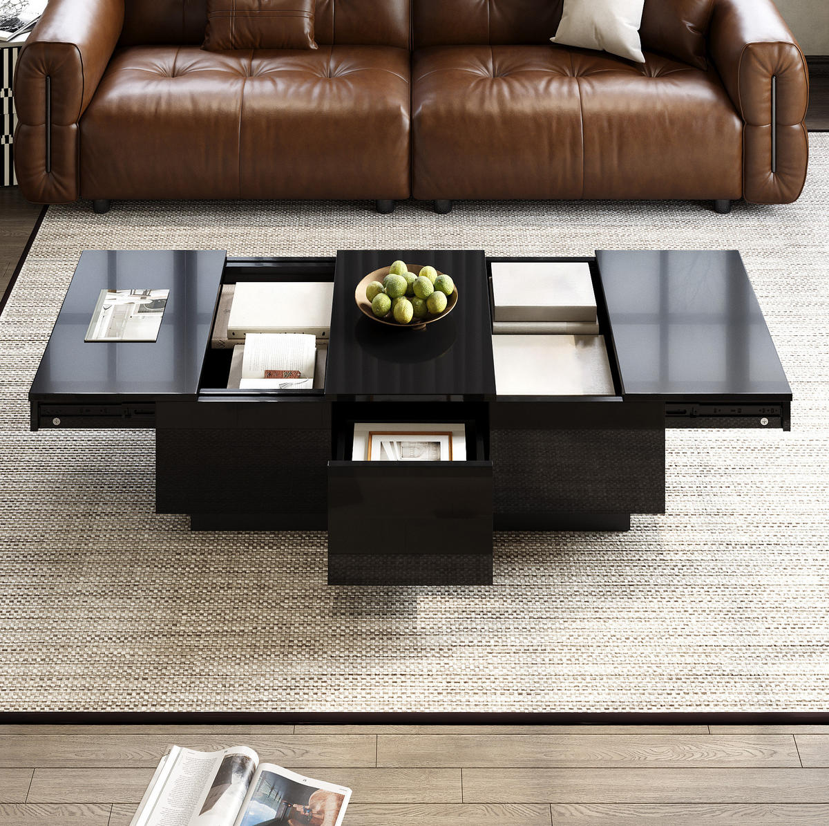 COUCHTISCH aus Spanplatte 100x50x23 cm Schwarz mit Schiebefächern und 2 Schubladen - Schwarz, Holzwerkstoff (100/50/23.5cm) - IVMEU