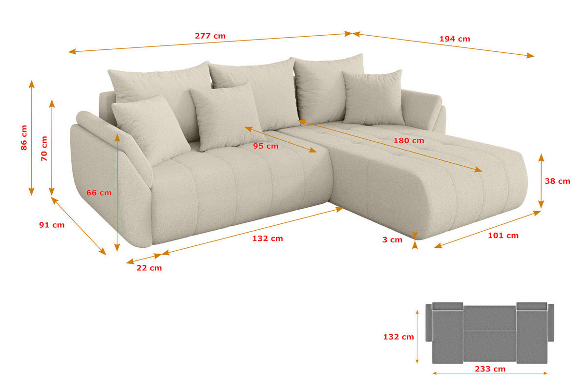 ROHOVÁ SEDAČKA s funkcí spaní, otoman vpravo TOKO-L 277x194x86 béžová bouclé - černá/písková barva, kompozitní dřevo/textil (277/194cm) - ALTDECOR