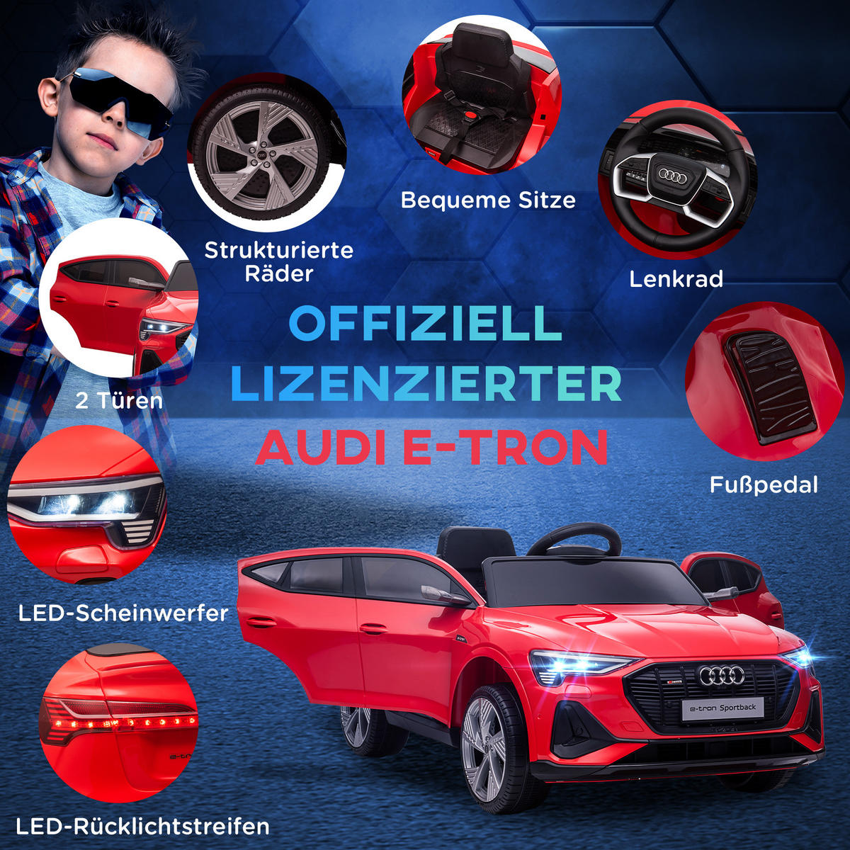 KINDER ELEKTROAUTO, Schwarz/Rot/Weiß, Kunststoff+ Stahl - Rot, Metall (108/60/47cm) - HOMCOM