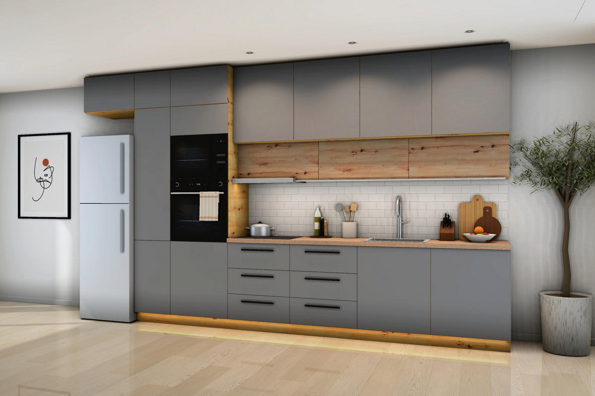 KÜCHENZEILE Nexa Grau & Woodline – 400 cm – K18-G400 - Hellbraun/Grau, Holzwerkstoff (400/248/58cm) - ROYAL24_MARKT