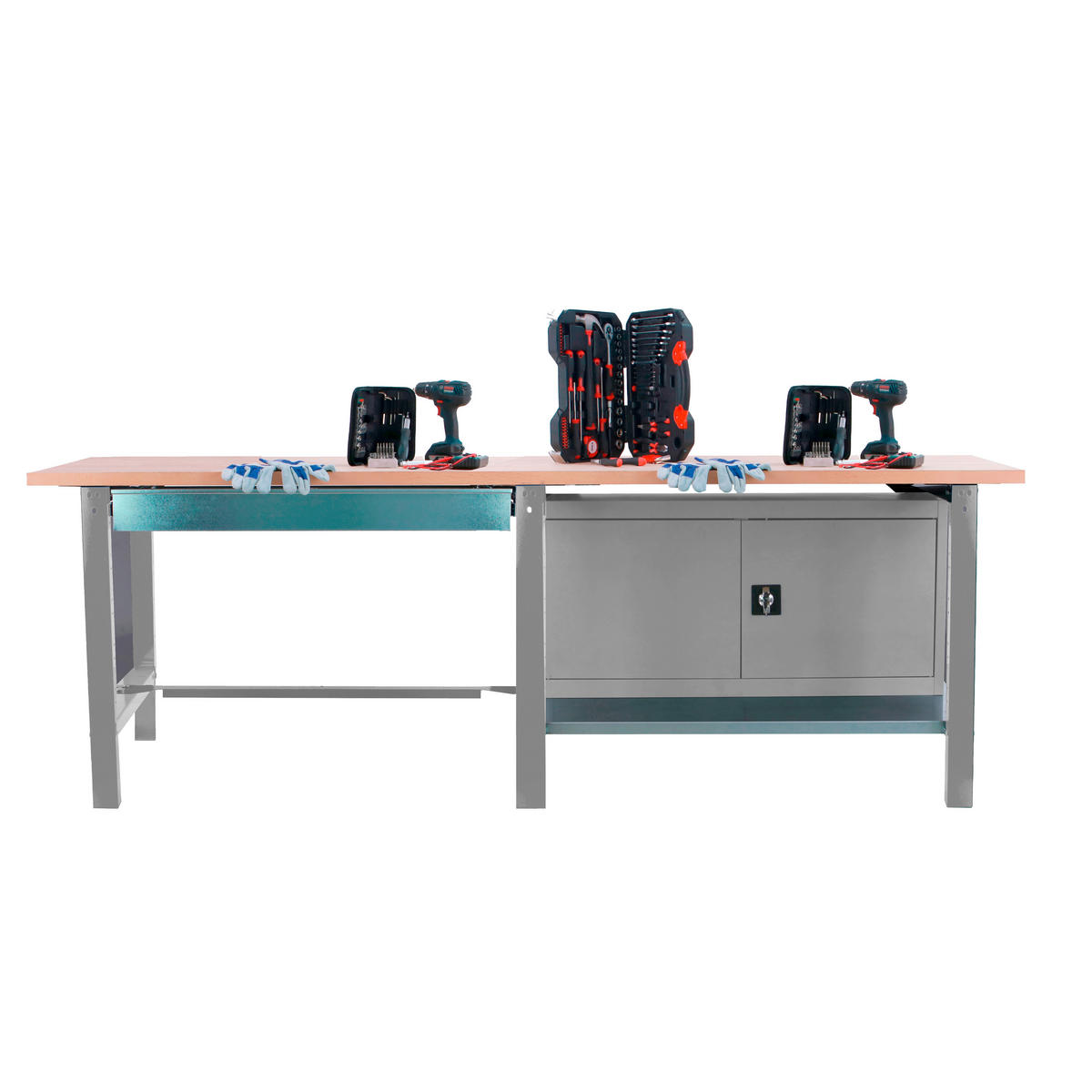 WERKBANK Buffalo Wood mit 1x Schublade und Schrank HxBxT 86,5 x 210 x 75 cm Traglast 1000 kg Grau - Grau, Metall (210/86.5/75cm) - PROREGAL