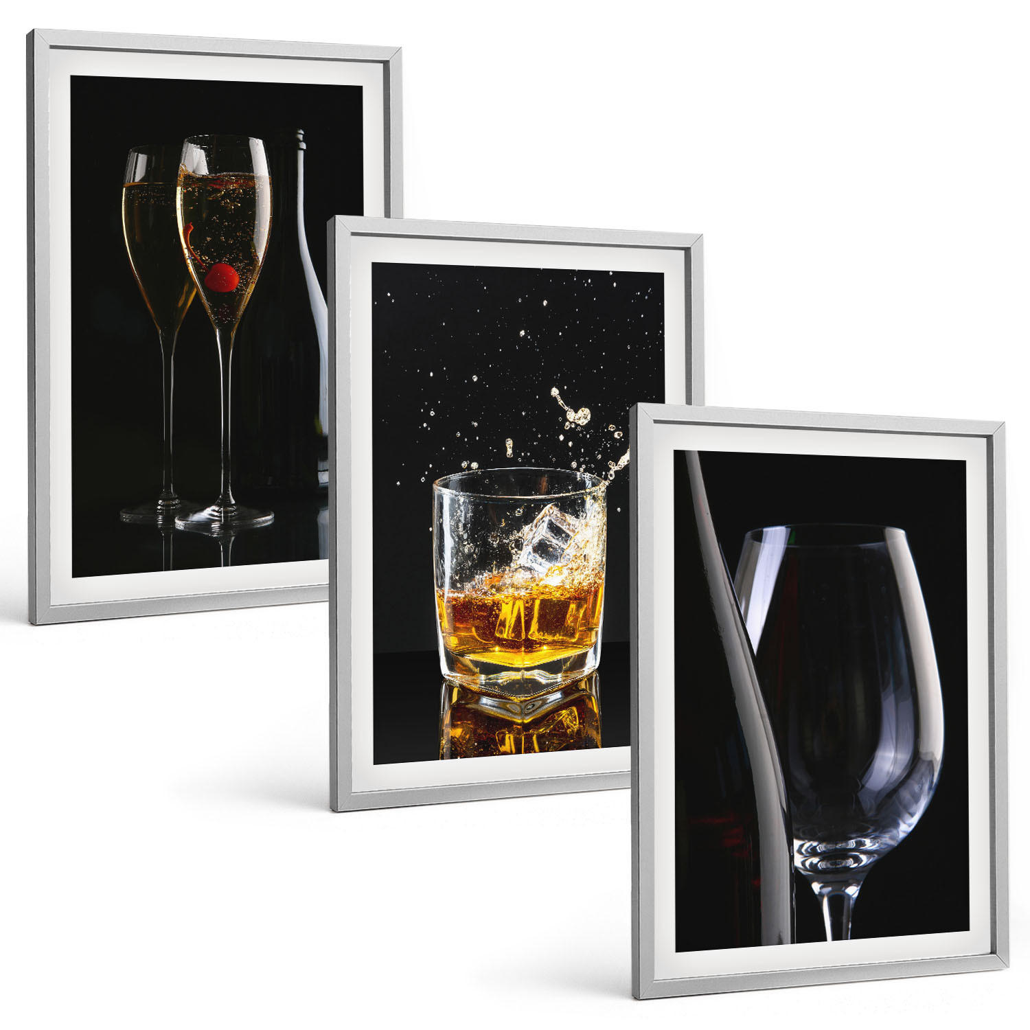 BILDER SET 3er Set - 40x60 cm Silberner Rahmen - Weingläser und Whiskygläser auf schwarzem Hintergrund - Silberfarben, Kunststoff (40/60cm) - TULUP
