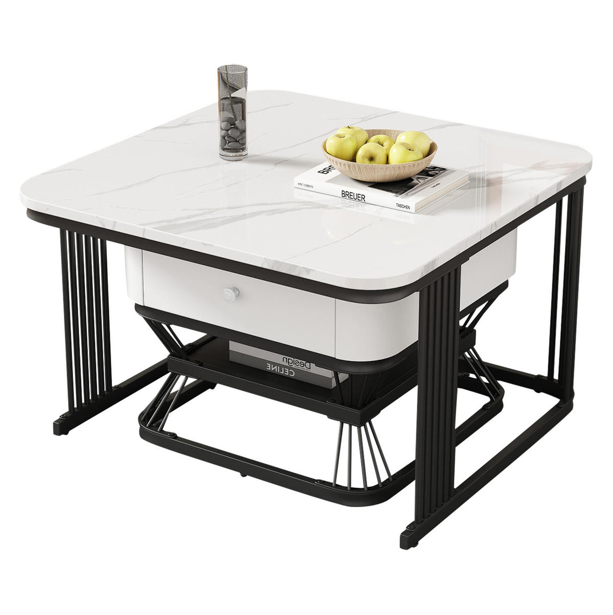 COUCHTISCH-SET aus MDF und Metall 70x70x45+50x50x40 cm Weiß/Schwarz mit 1 Schublade und Hochglanz-Kunstmarmor - Weiß, Glas (70/70/45cm) - Modfu