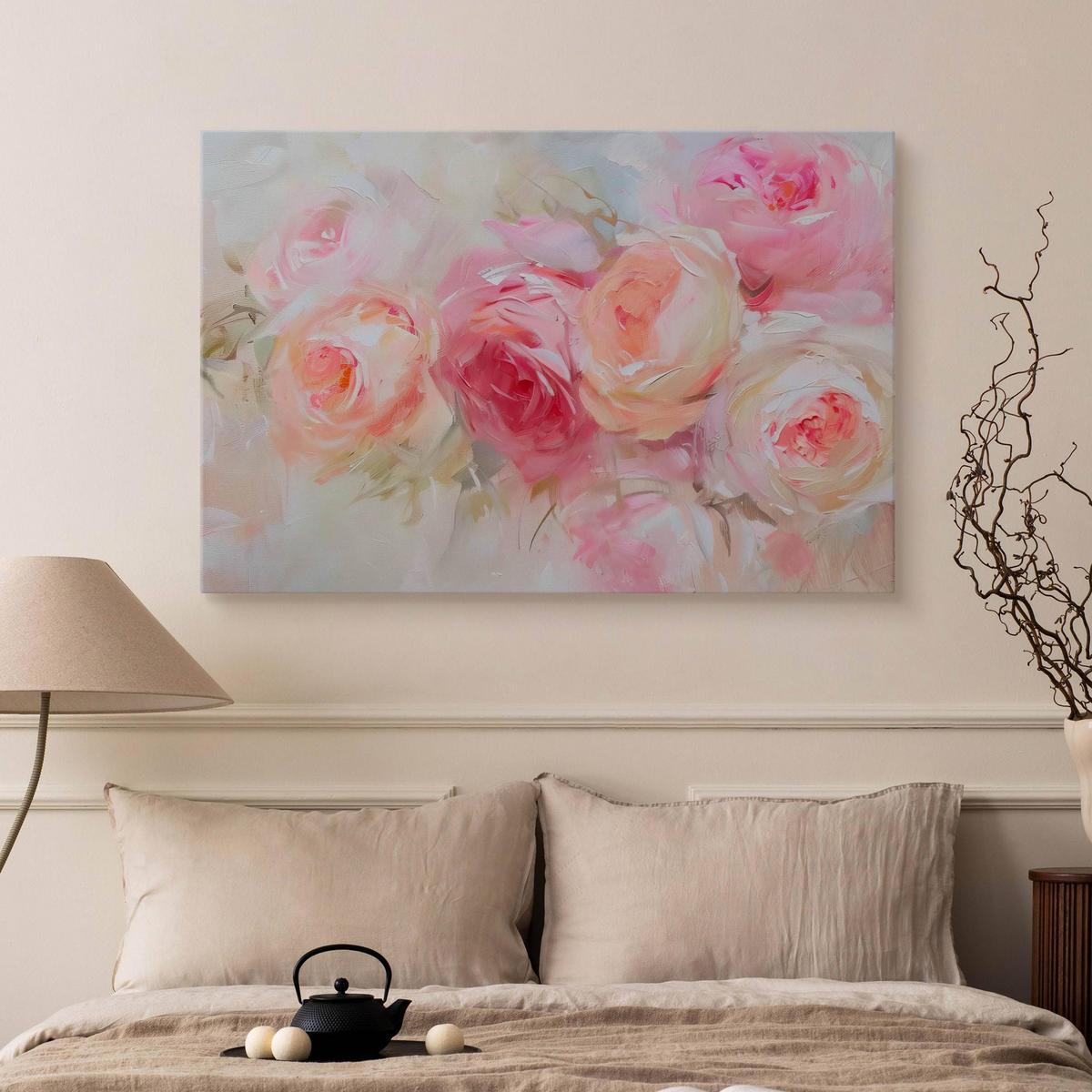 LEINWANDBILD für Wohnzimmer Rosen Blumen Natur Malarei 90cm x 60cm - Beige/Weiß, Textil (90/60cm) - Muralo