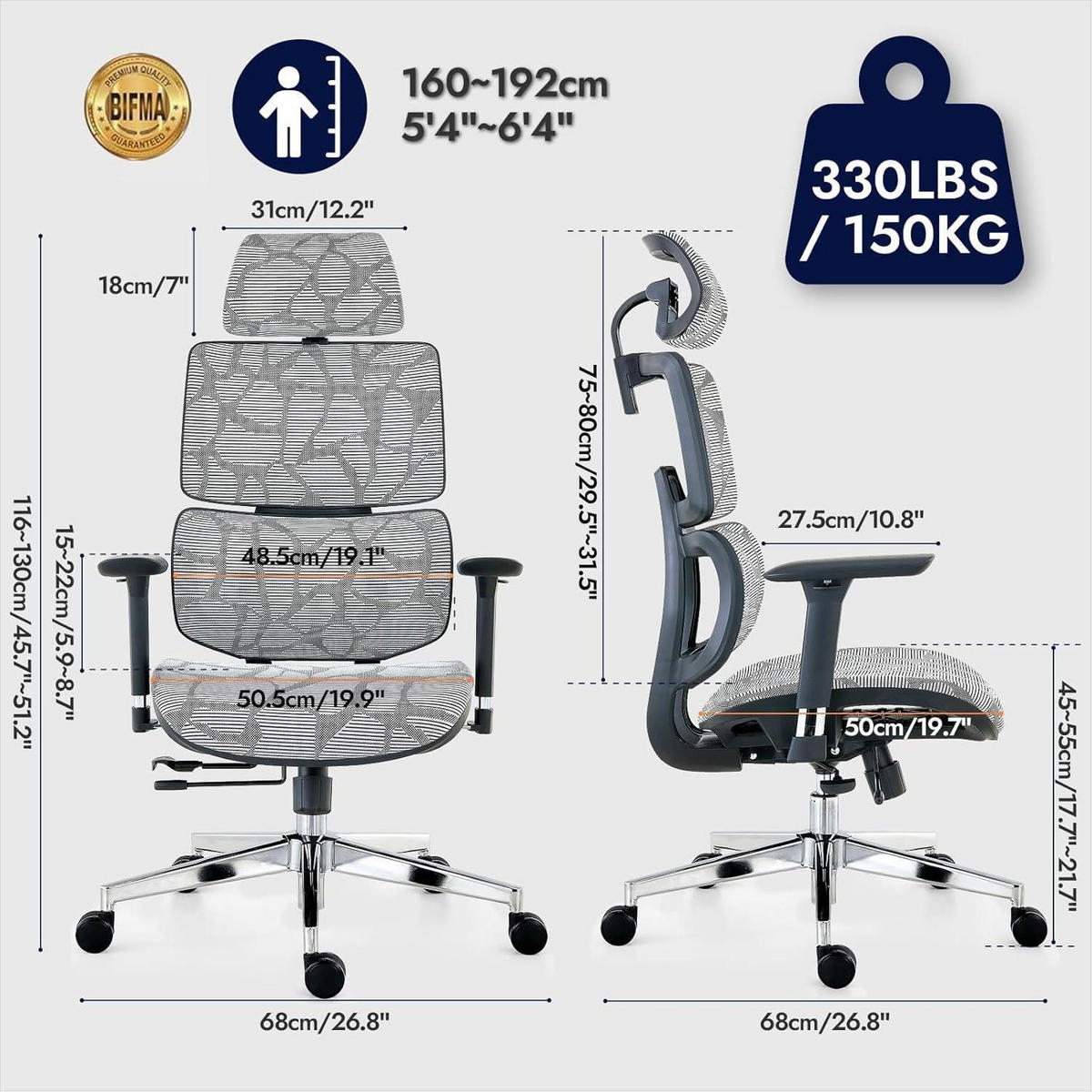 BÜROSTUHL Grau Gestreift mit Lendenwirbelstütze und 3D-Armlehnen - Grau, Textil (68/130/68cm)