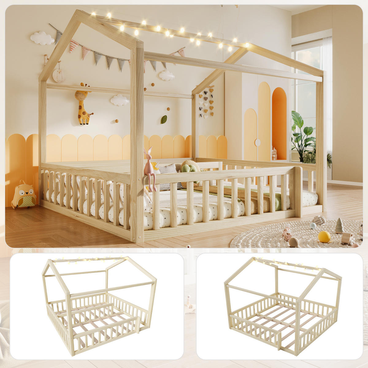 KINDERBETT 90/190 cm & 180/190 cm in Natur mit LED und Gitter Kiefernholz Hausbett - Naturfarben, Holzwerkstoff (90/190cm) - STILVORA