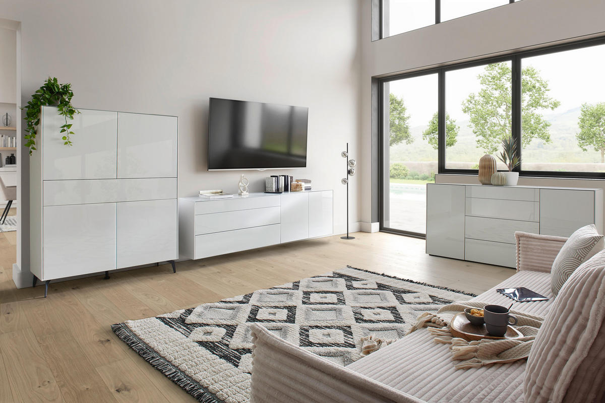 HIGHBOARD Imola Kreidegrau matt lack und Glas - Grau, Holzwerkstoff (121/145/42cm) - Premium Living