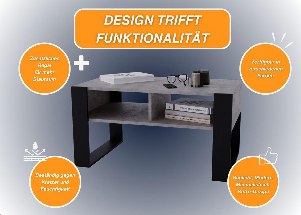 COUCHTISCH Holzwerkstoff rechteckig stabil Grau 45/53,6/92cm - Schwarz/Grau, Holzwerkstoff (53.6/92/45cm) - CraftPAK