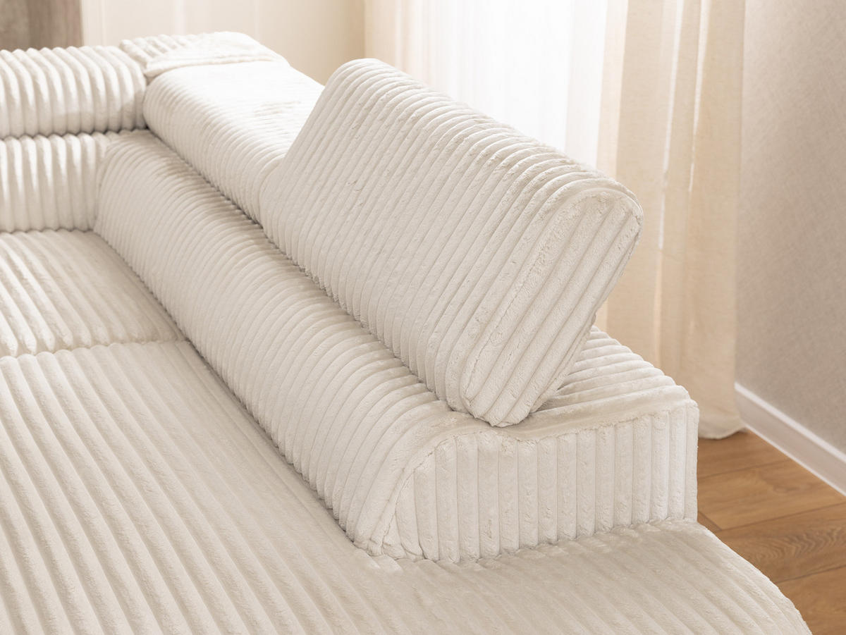 ECKSOFA mit Schlaffunktion und Bettkasten Bonnie aus Creme Cord-Stoff mit verstellbaren Kopfstützen und Armlehne - Ottomane rechts - Creme/Schwarz, Holz/Textil (275/210cm) - S-Style Möbel