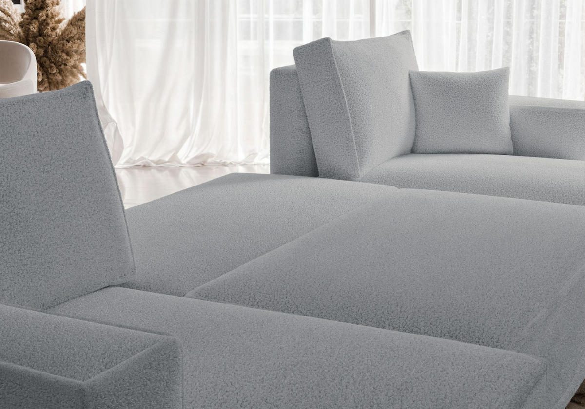 WOHNLANDSCHAFT Scarlo Hellgrau Bouclé-Bezug - Hellgrau/Schwarz, Kunststoff/Textil (312/83/145cm) - Selsey