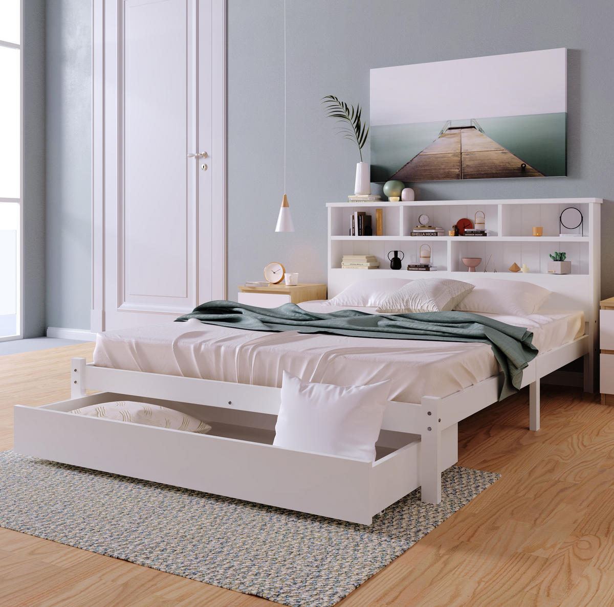 BETT 140/200 cm Weiß aus Massivholz mit Schubladen und Bücherregal-Kopfteil - Weiß, Holz (140/200cm) - Flora Grace