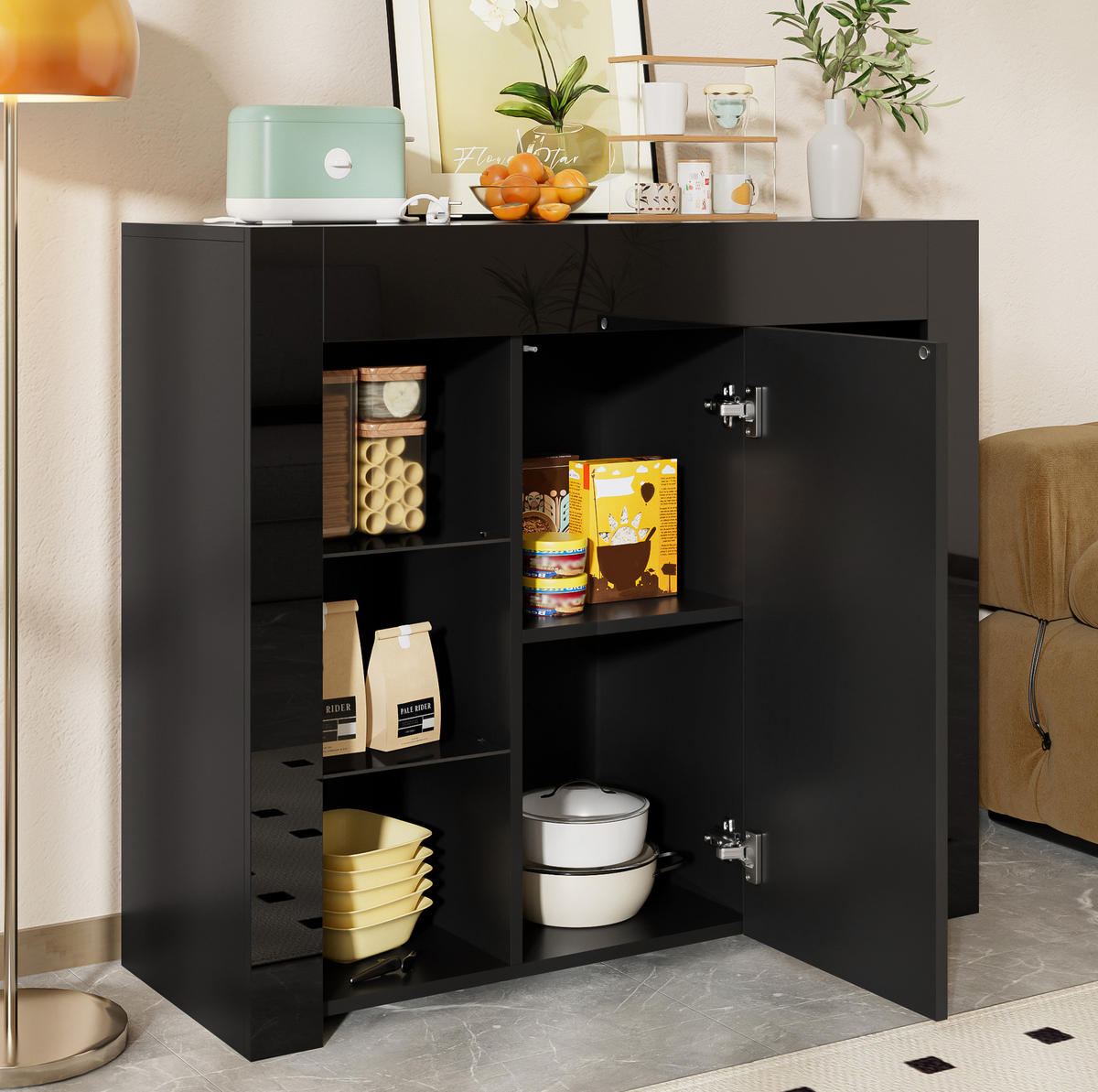 SIDEBOARD 95/35/83 cm aus Spanplatte mit Hochglanz-Front und Glasregalen Schwarz - Schwarz, Holzwerkstoff (95/83/35cm) - Modenvie