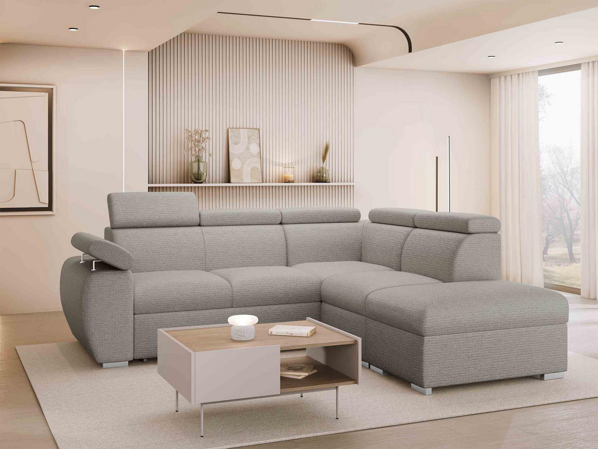 ECKSOFA Boston 2RR1P, Seite: Rechts 2R+R+1P(65)+PUFAP - Silberfarben, Holz/Textil (260/230cm) - MIRJAN24