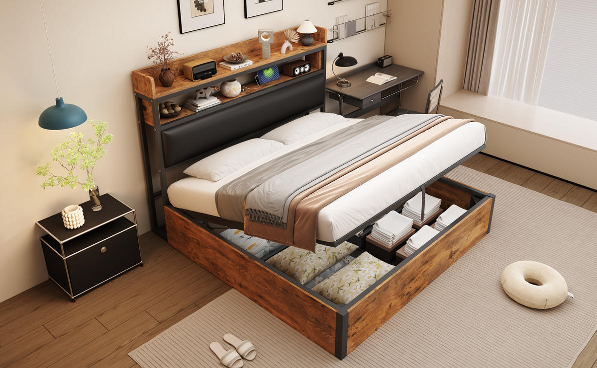 POLSTERBETT 180x200 cm mit USB, Stauraum, Lattenrost, Schwarz - Schwarz, Holz (180/200cm)