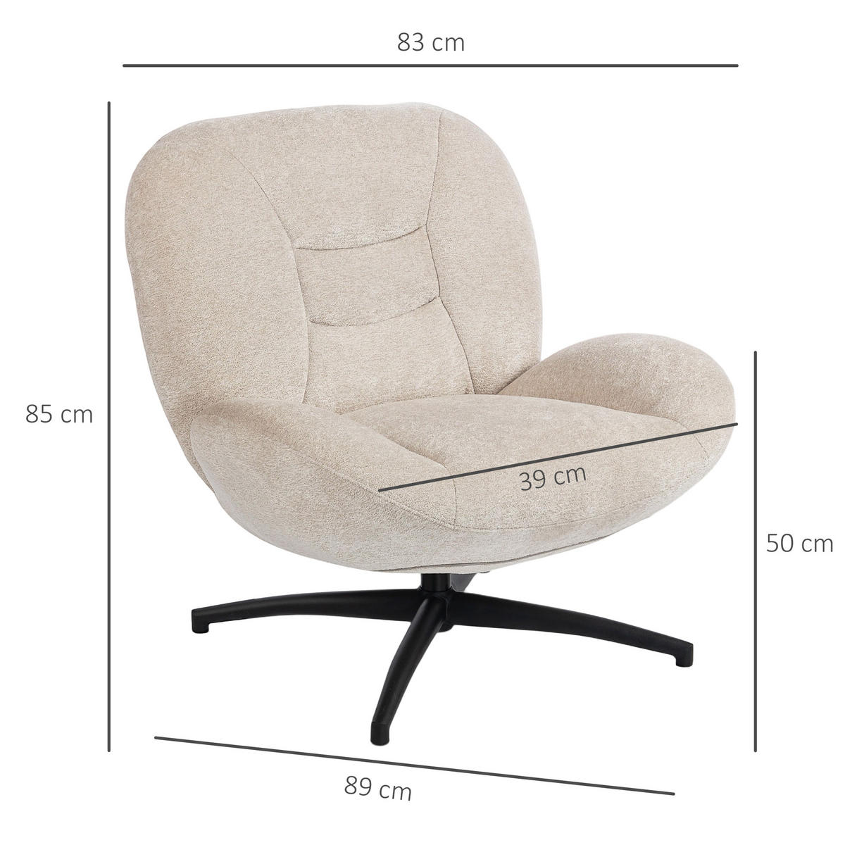 LOUNGESESSEL Polyester Stahl Cremeweiß - Creme/Schwarz, Textil (83/85/89cm) - HOMCOM