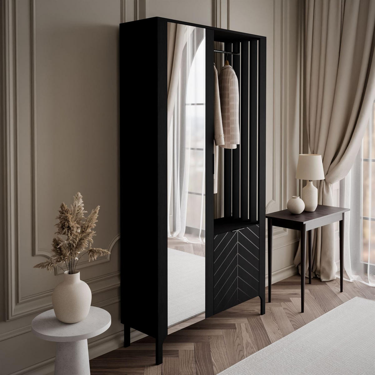 Garderobe LUMI mit Spiegel, Schwarz - Schwarz, Holzwerkstoff (105/197/33cm) - Lookway