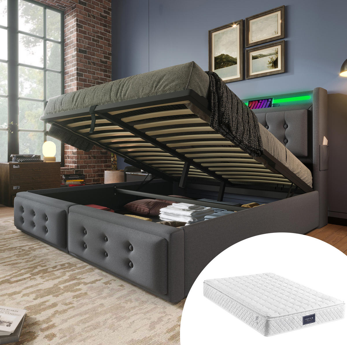 BETT mit Stauraum und LED 140x200 cm Baumwoll-Leinen Grau inkl. Matratze - Grau, Metall (140/200cm) - Meubliv