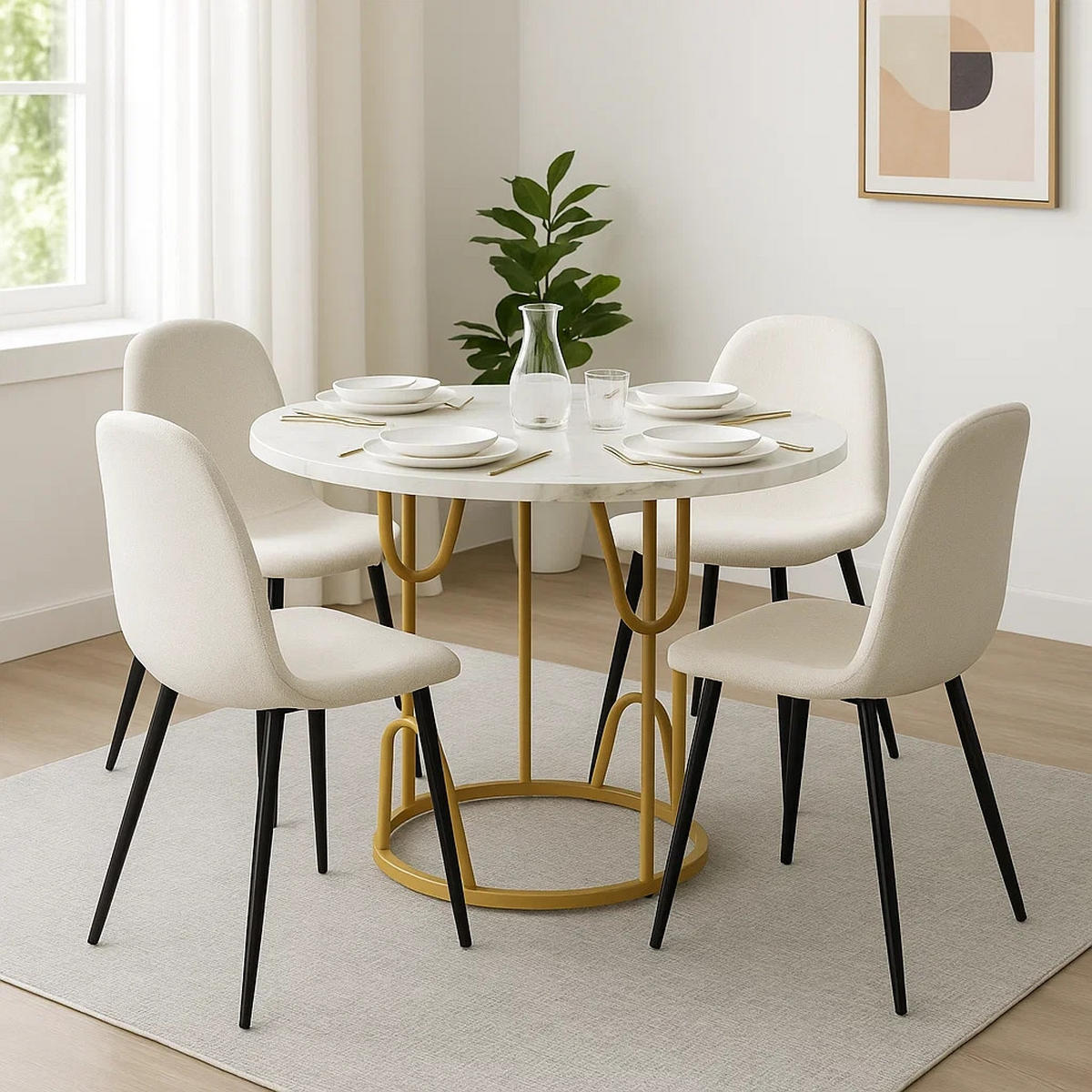 ESSTISCH SET mit rund 1 Tisch Marmoroptik & 4 Stoffstühle Beige - Weiß, Holzwerkstoff/Textil (110/74/65cm) - Urban Meuble