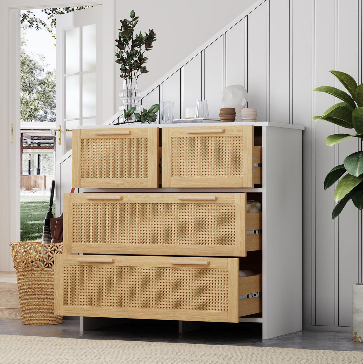 KOMMODE 80/38/80 cm aus MDF mit 4 Schubladen und Rattanfronten Natur/Weiß - Weiß, Holzwerkstoff (80/38/80cm) - Modenvie