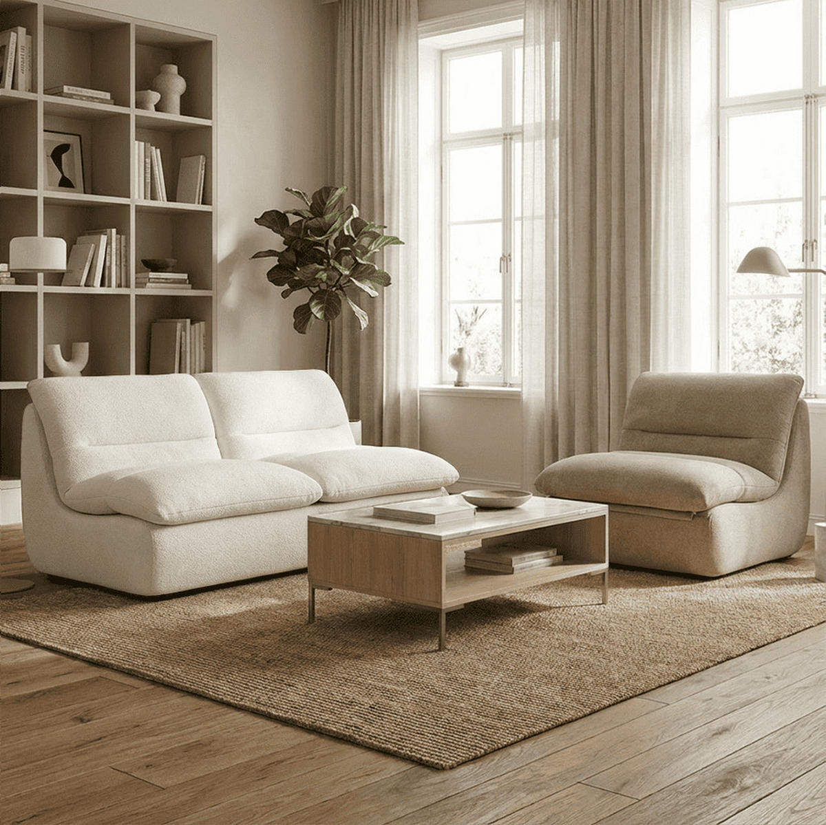 SITZGARNITUR Nuvia Sofa und Sessel Weiß und Sand - Sandfarben/Weiß, Textil (160/73/100cm) - COCO Living