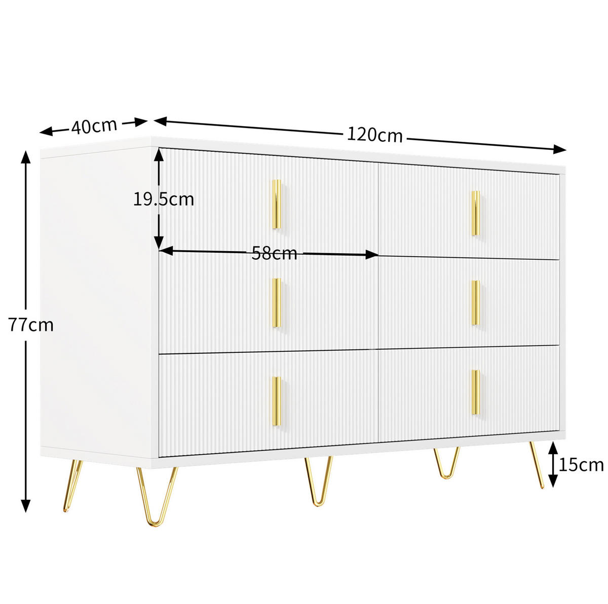 SIDEBOARD 120/77/40 cm Weiß/Gold aus Spanplatte mit 6 Schubladen - Weiß, Holzwerkstoff (40/77/120cm) - OKMYHOME