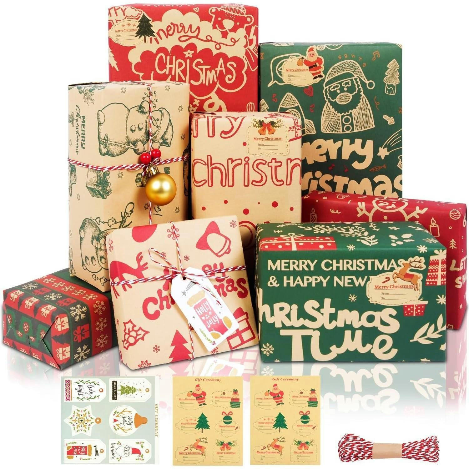 GESCHENKPAPIER Set Weihnachten 8 Blatt 70x50cm Kraft Rot Grün Bunt - Multicolor, Papier (50/1/70cm)