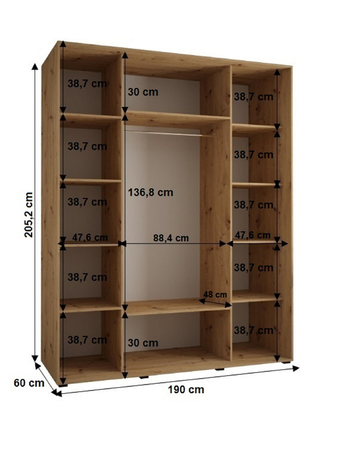 SCHWEBETÜRENSCHRANK 205,2/190/60 3-türig - Schwarz/Eiche Artisan, Holz/Metall (190/205.2/60cm) - Abiks Möbel