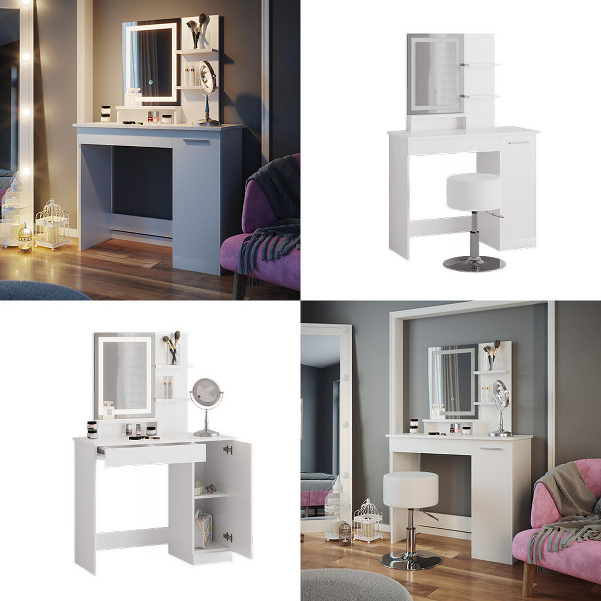 SCHMINKTISCH Julia Weiß 90 cm mit LED-Spiegel - Weiß, Holzwerkstoff (90/137.5/38cm) - Vicco