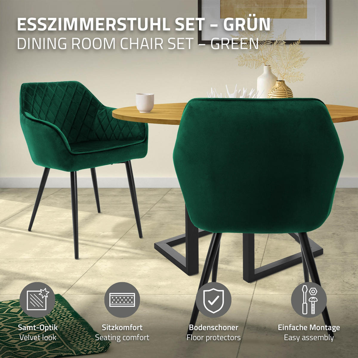ESSZIMMERSTUHL 6er Set Dunkelgrün Samt - Dunkelgrün/Schwarz, Textil/Metall (63/80/60cm) - ML-DESIGN