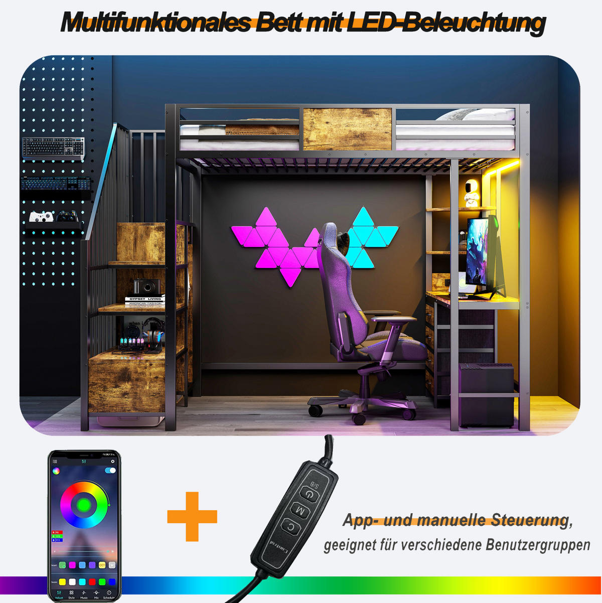 HOCHBETT 90/200 cm aus Metall mit Schreibtisch, Ablagen, Kleiderstange, LED und Steckdose, Schwarz - Schwarz, Metall (90/200cm) - Redom