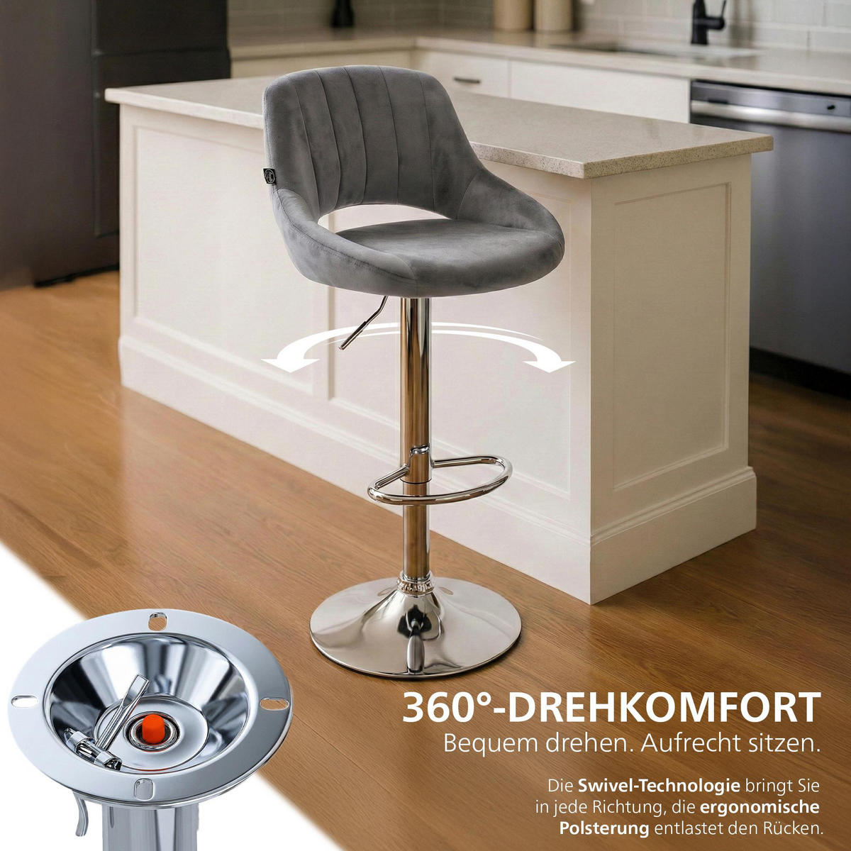 BARHOCKER Samt dunkelgrau - Chromfarben/Dunkelgrau, Textil/Metall (47/85/48cm) - CLP