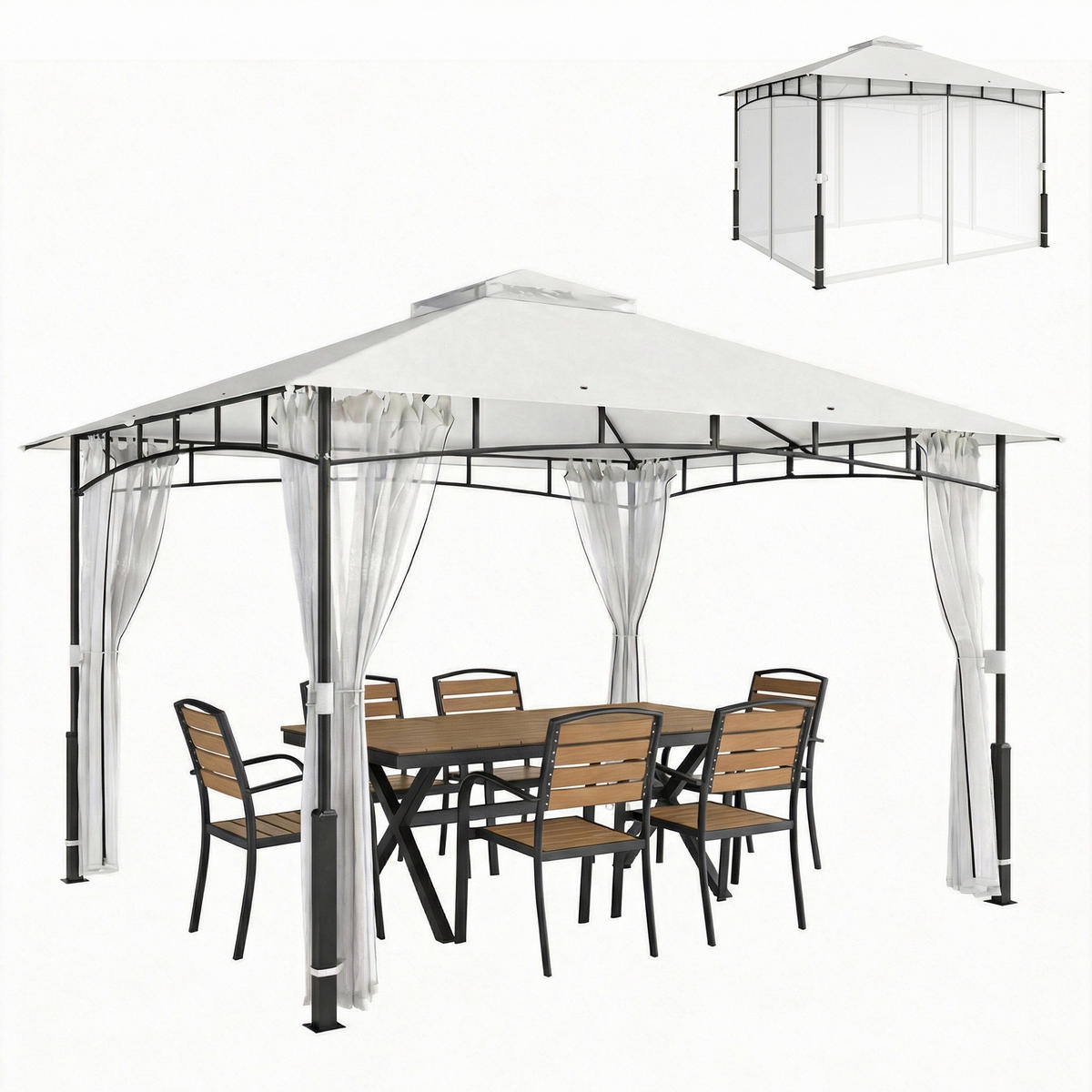 PAVILLON, 3x3,6 m wasserabweisend Stabil Gartenpavillon mit Moskitonetz, Doppeldach, für Garten, Terrasse, Schwarz - Schwarz, Metall (360/275/300cm)