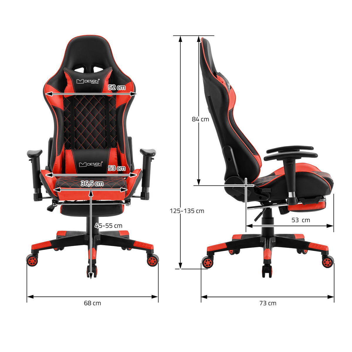 GAMING-STUHL Schwarz-Rot - Rot, Metall (68/135/73cm) - ML-DESIGN