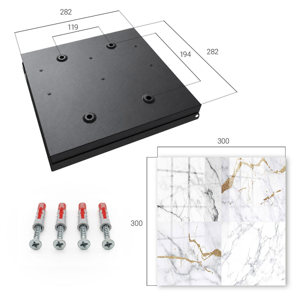 SCHLÜSSELBOX Schwarz 30x30 cm- Türöffnung nach rechts - Marmormuster - Weiß, Metall (30/30/5cm) - TULUP