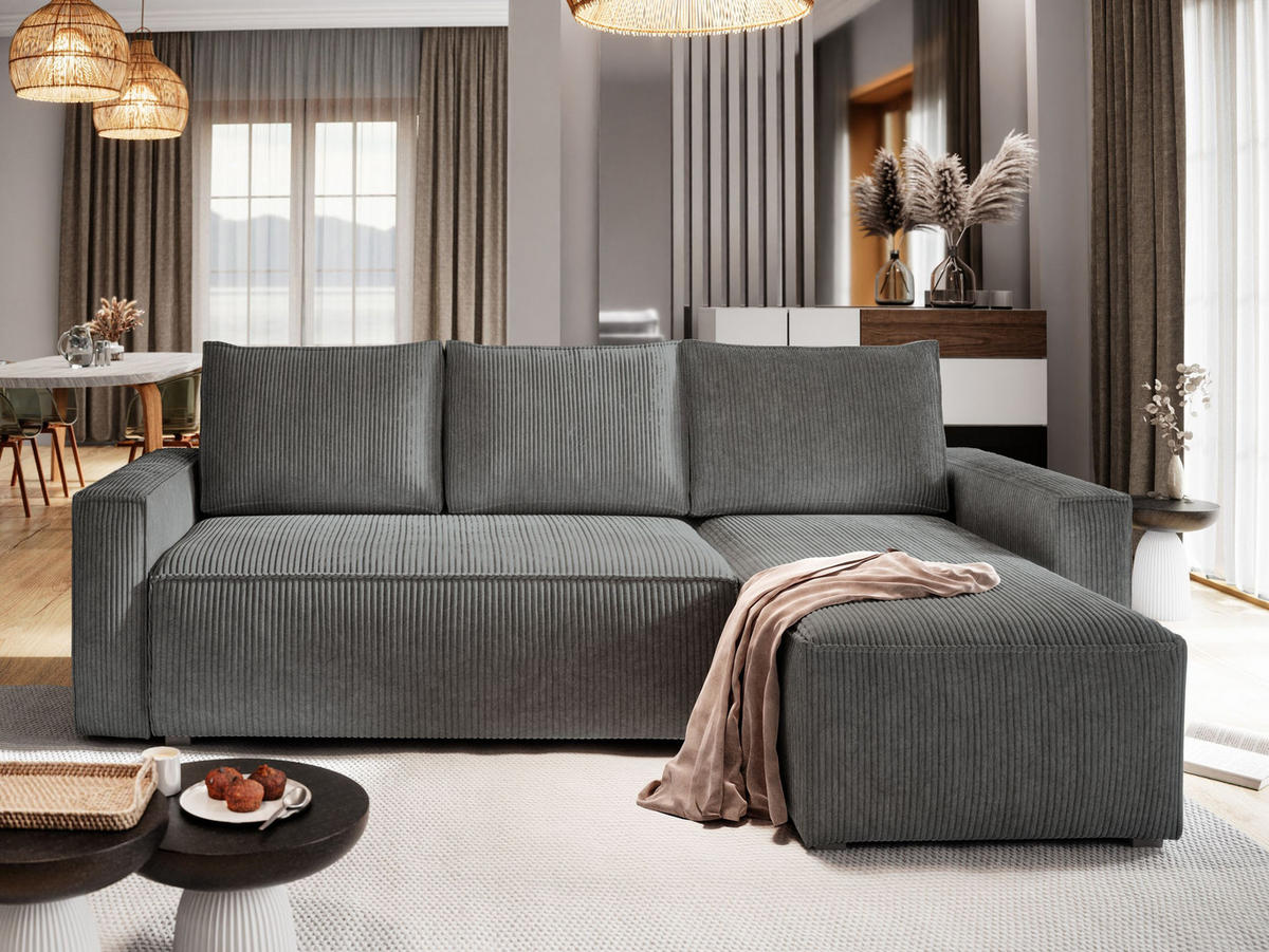 ECKSOFA POTARO Grau Kordstoff mit Schlaffunktion - Grau, Holz (232/140cm) - MASSENO