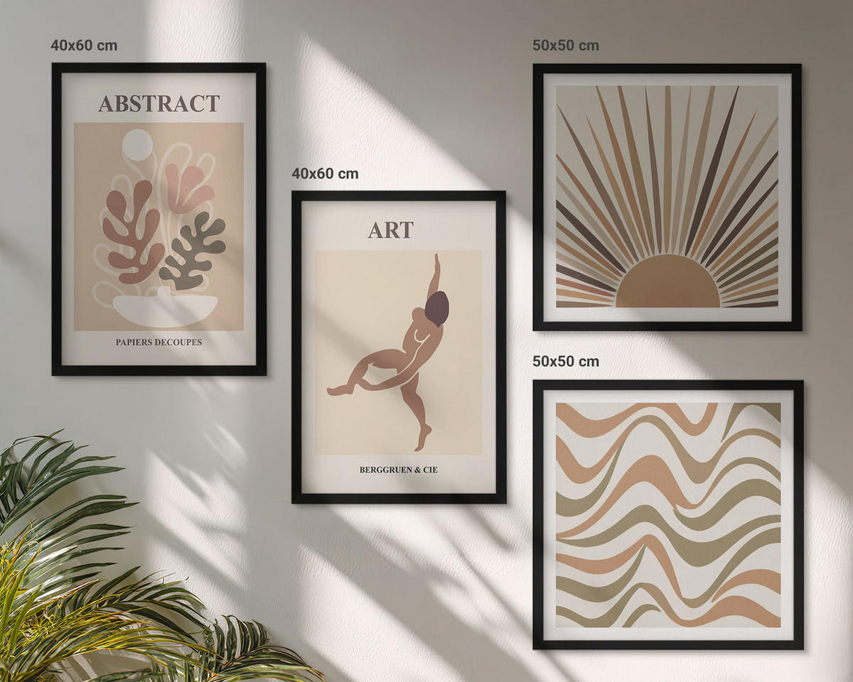 BILDER SET 4er Set - 50x50 cm & 40x60 cm Schwarzer Rahmen - Matisse Boho abstrakte Muster - Schwarz, Kunststoff (50/50cm) - TULUP