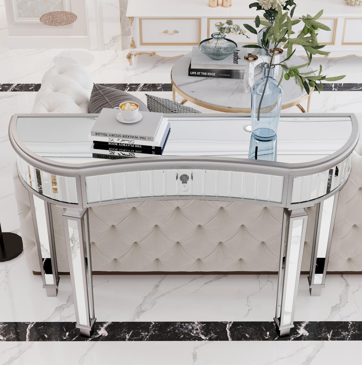 KONSOLENTISCH aus MDF und Glas 120x38x78 cm Grau/Silber mit Schublade und Spiegeloberfläche - Silberfarben, Holzwerkstoff (38/120/78cm) - IVMEU