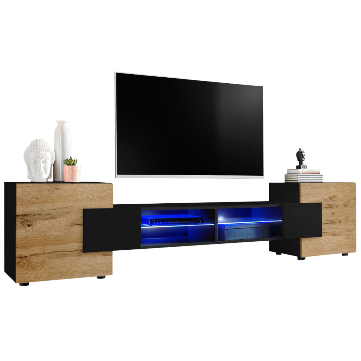 LOWBOARD MERANO Schwarz, Blau LED Beleuchtung - Eiche Wotan/Schwarz, Glas/Holzwerkstoff (230/52.5/35cm) - Komodee
