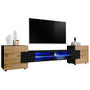 LOWBOARD MERANO Schwarz, Blau LED Beleuchtung - Eiche Wotan/Schwarz, Glas/Holzwerkstoff (230/52.5/35cm) - Komodee