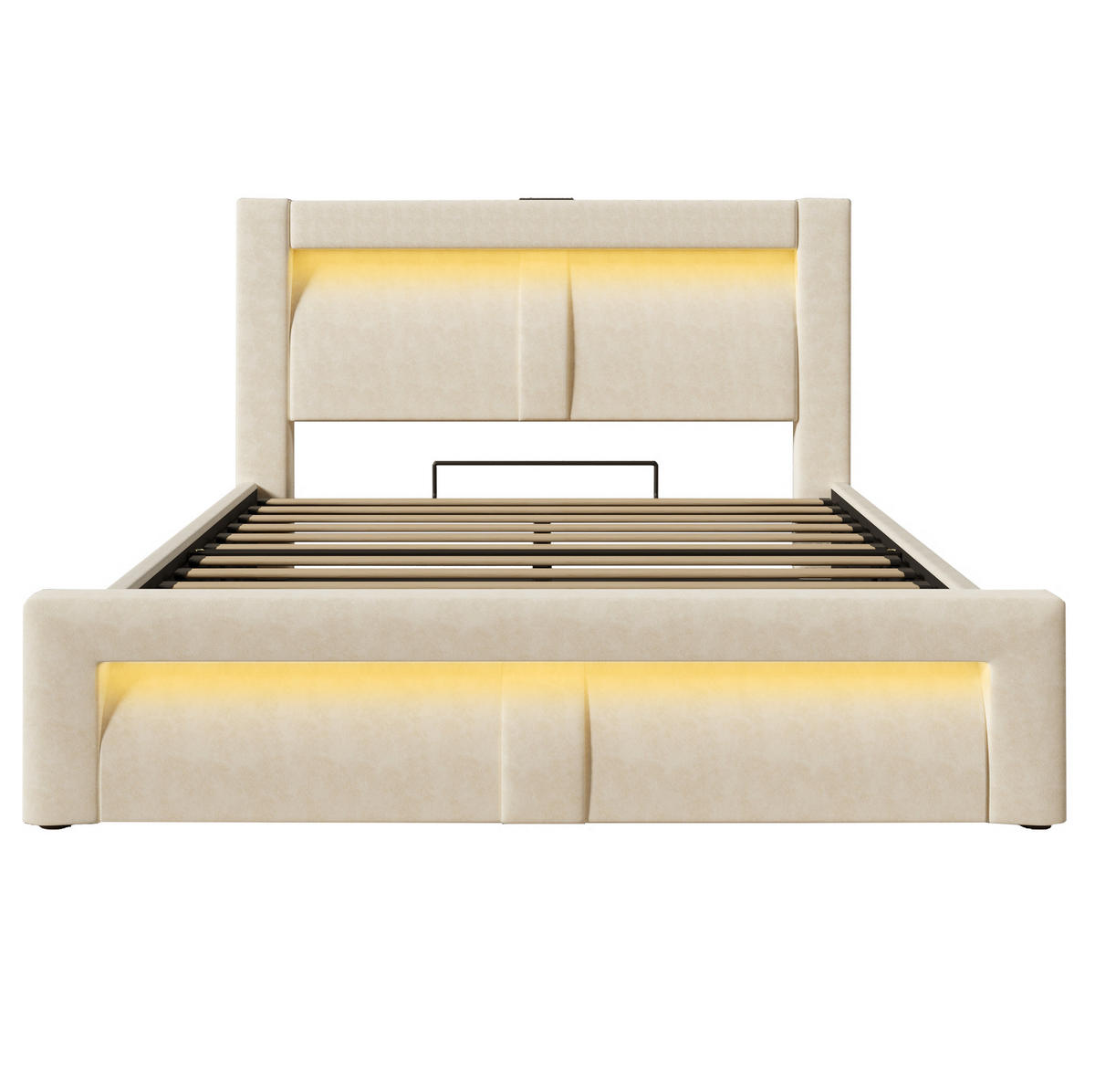 ČALOUNĚNÁ postel 140/200 cm béžová ze sametu s úložným prostorem, LED osvětlením a USB nabíjením - béžová, textil (140/200cm) - OKWISH