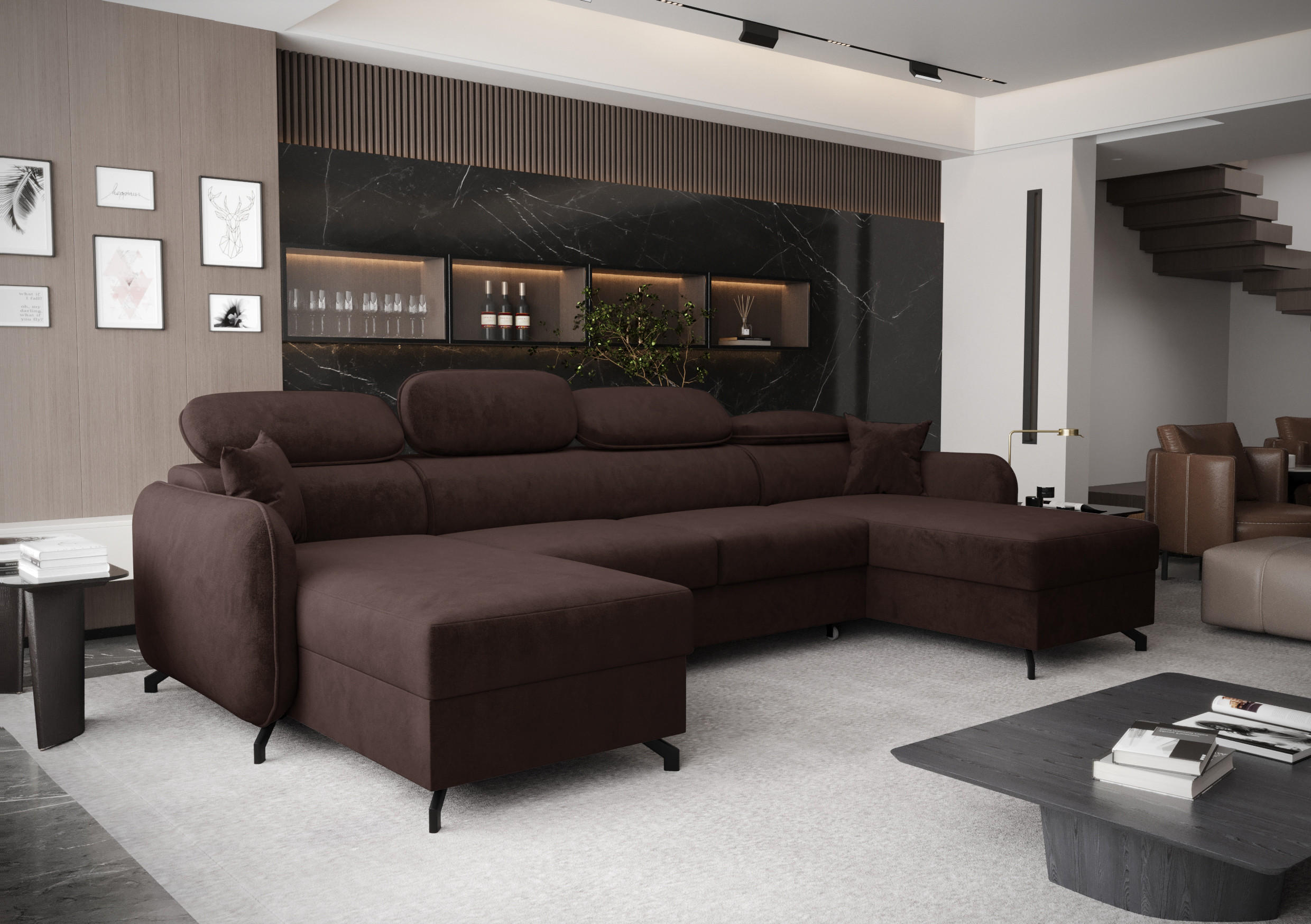 WOHNLANDSCHAFT Ribella 5 Schokobraun 345/180/100 cm mit Schlaffunktion - Schwarz/Braun, Textil/Metall (345/100/180cm) - AX Living