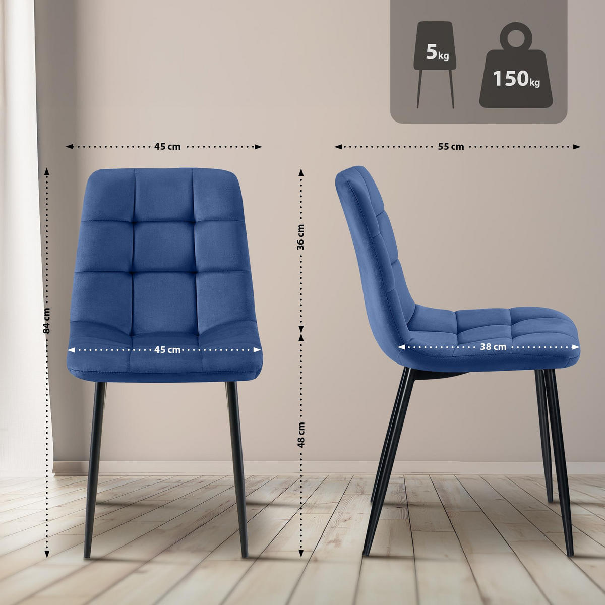 STUHL 4er Set Samt Blau - Blau/Schwarz, Textil/Metall (45/84/55cm) - CLP
