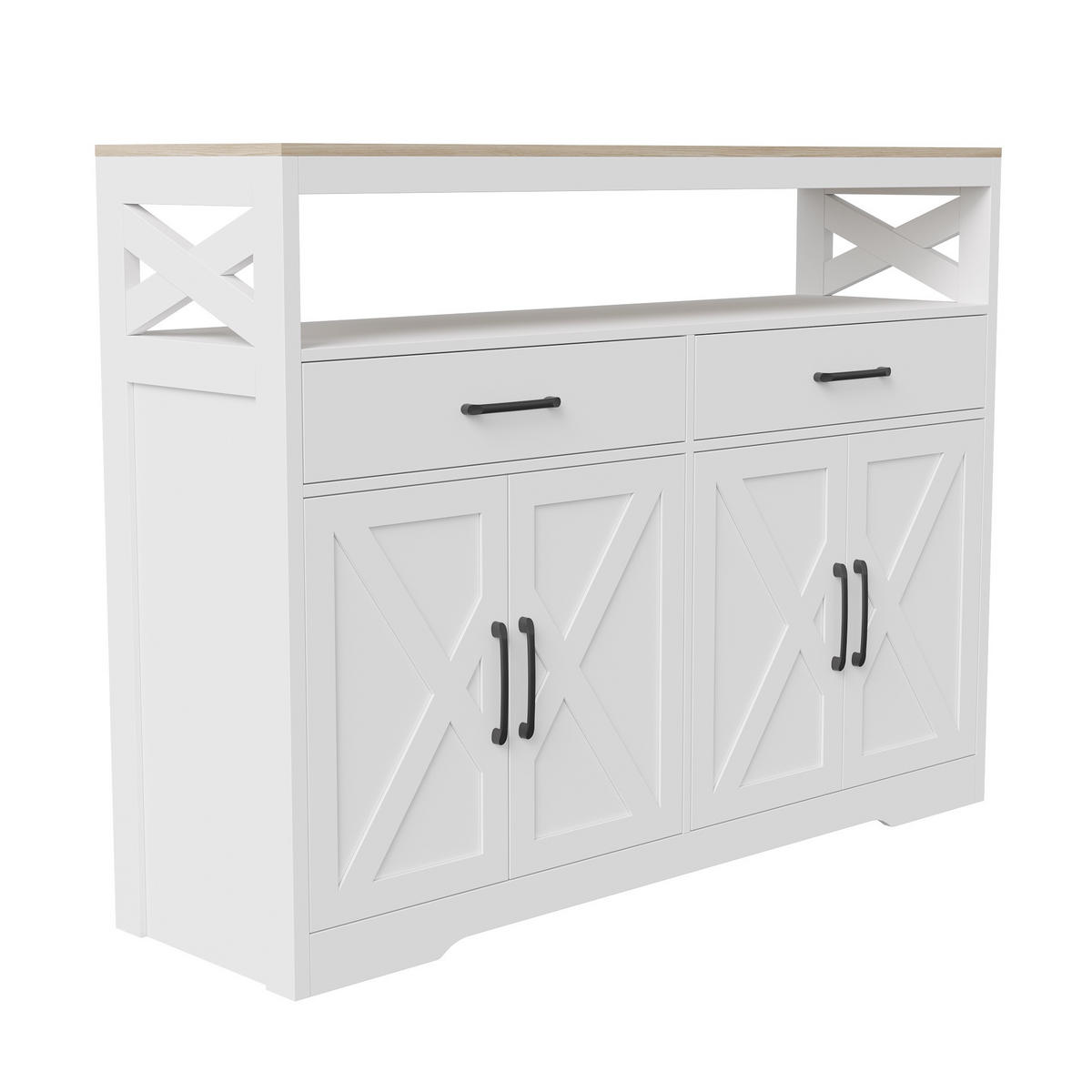 SIDEBOARD 140 cm, Skandinavischer Stil mit Kreuzdekoration, 2 Schubladen, 4 Türen und offenen Regalen, Weiß - Weiß, Holzwerkstoff (140/40/105cm) - Waldena