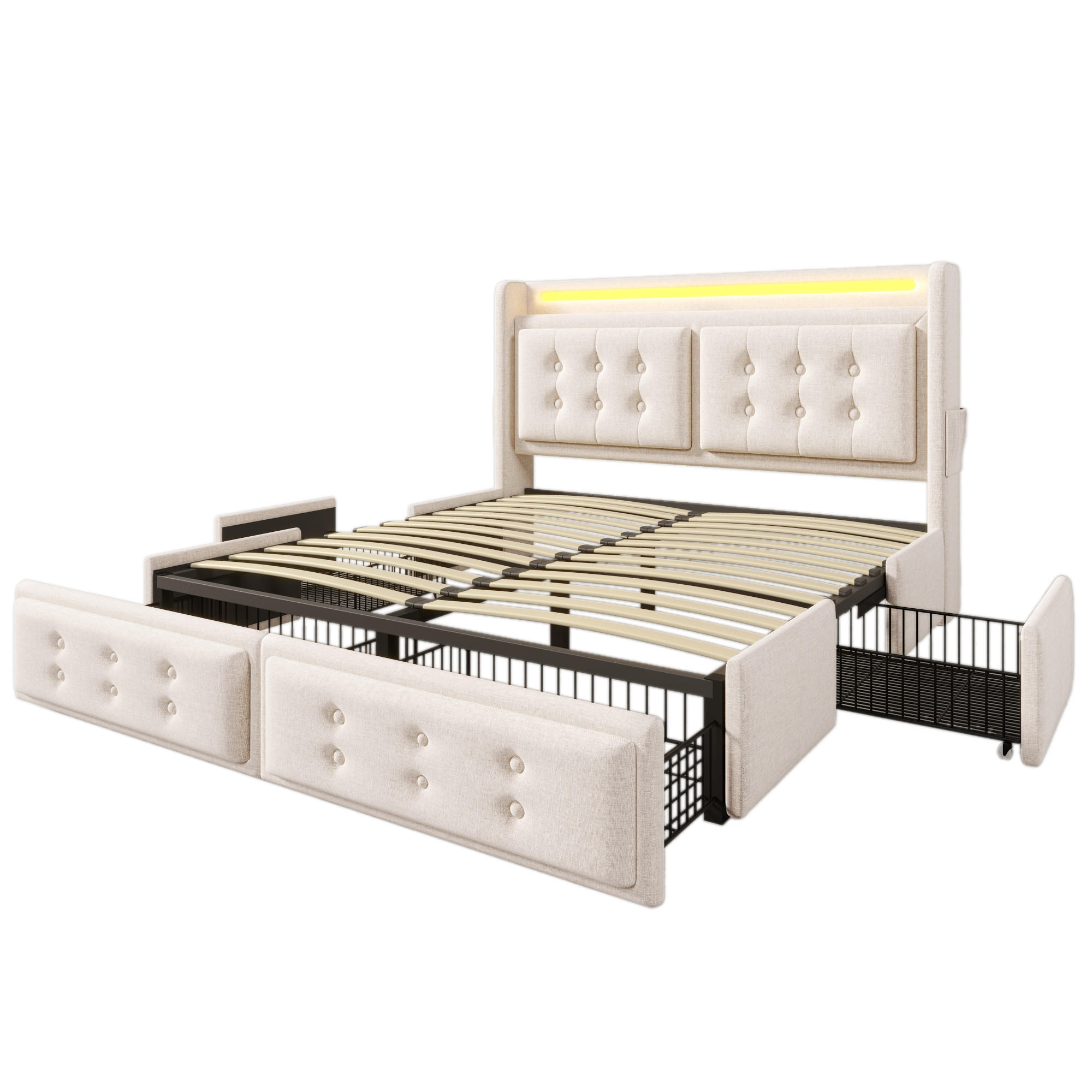 POLSTERBETT 140x200cm Doppelbett LED-Kopfteil USB-C 4 Schubladen Beige - Beige, Holz - FLIEKS