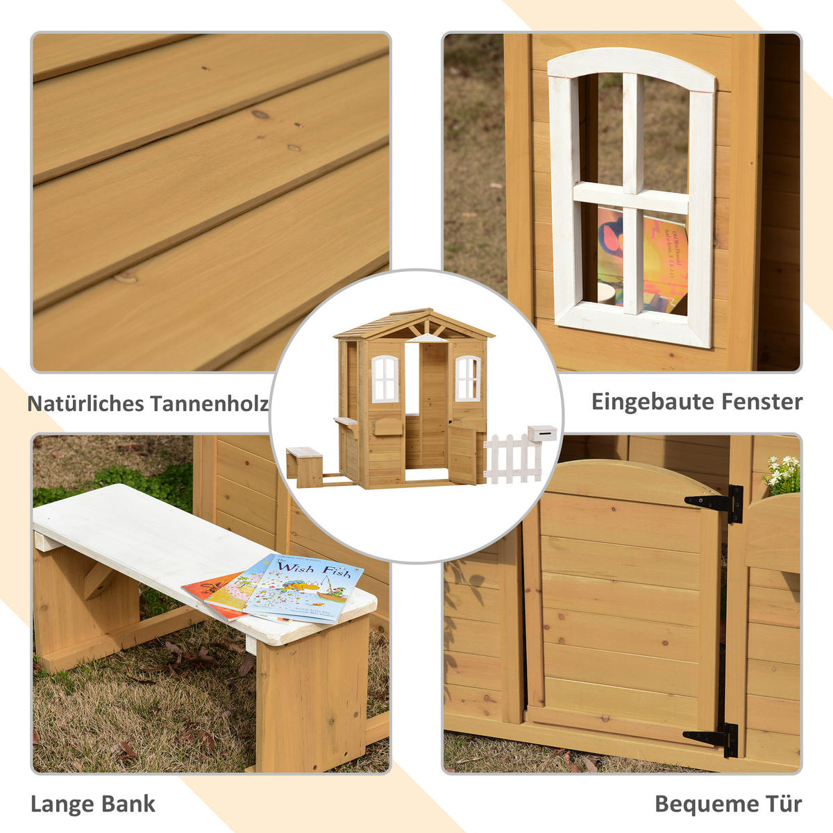 KINDERSPIELHAUS mit Fenster, Briefkasten, Outdoor, Tannenholz, Natur+Weiß - Naturfarben, Holz (107/140/204cm) - Outsunny