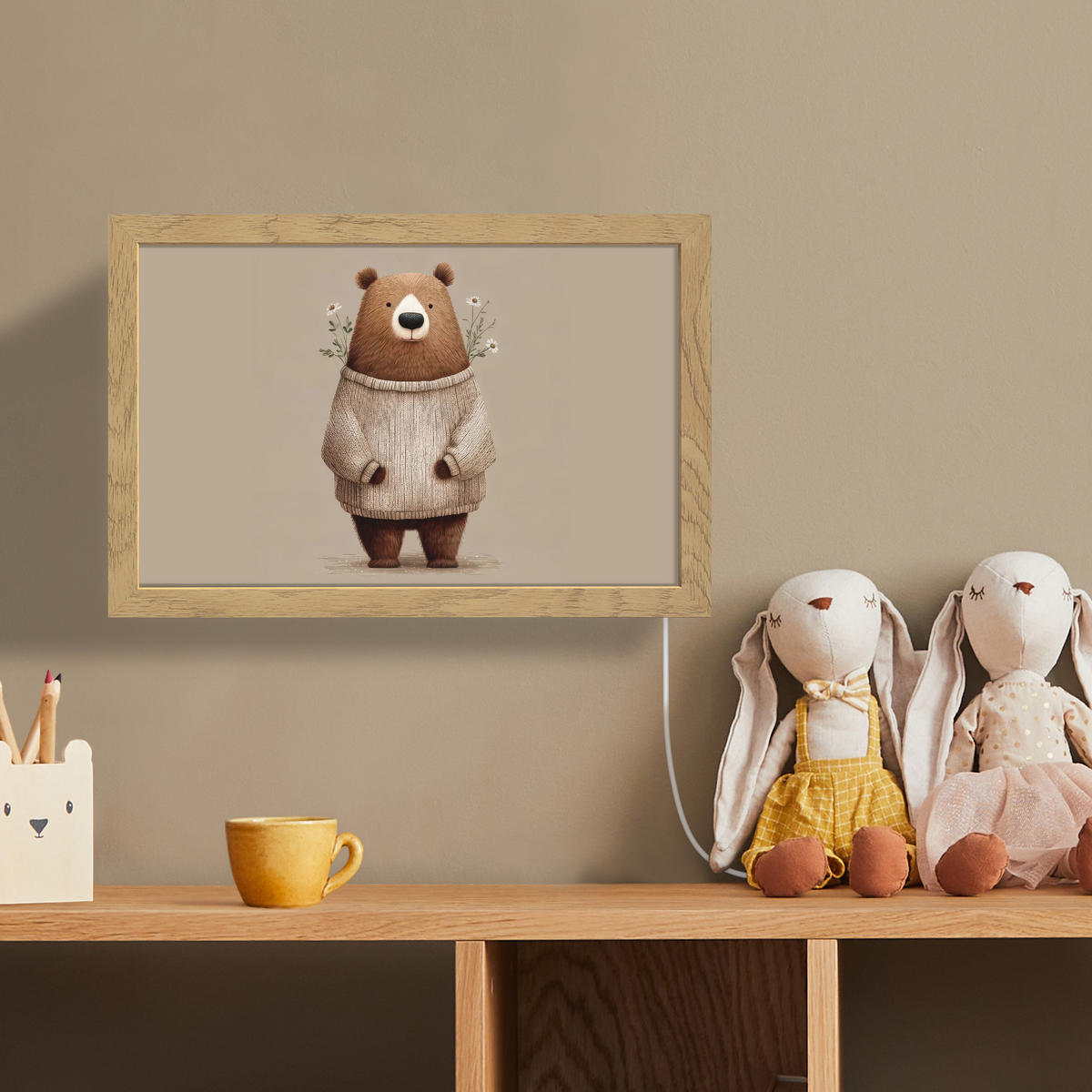 NÁSTĚNNÁ LAMPA Medvěd - Bílé květy - Cosy 30x20 cm - šedohnědá, kompozitní dřevo (30/20/8cm) - OnlyWow