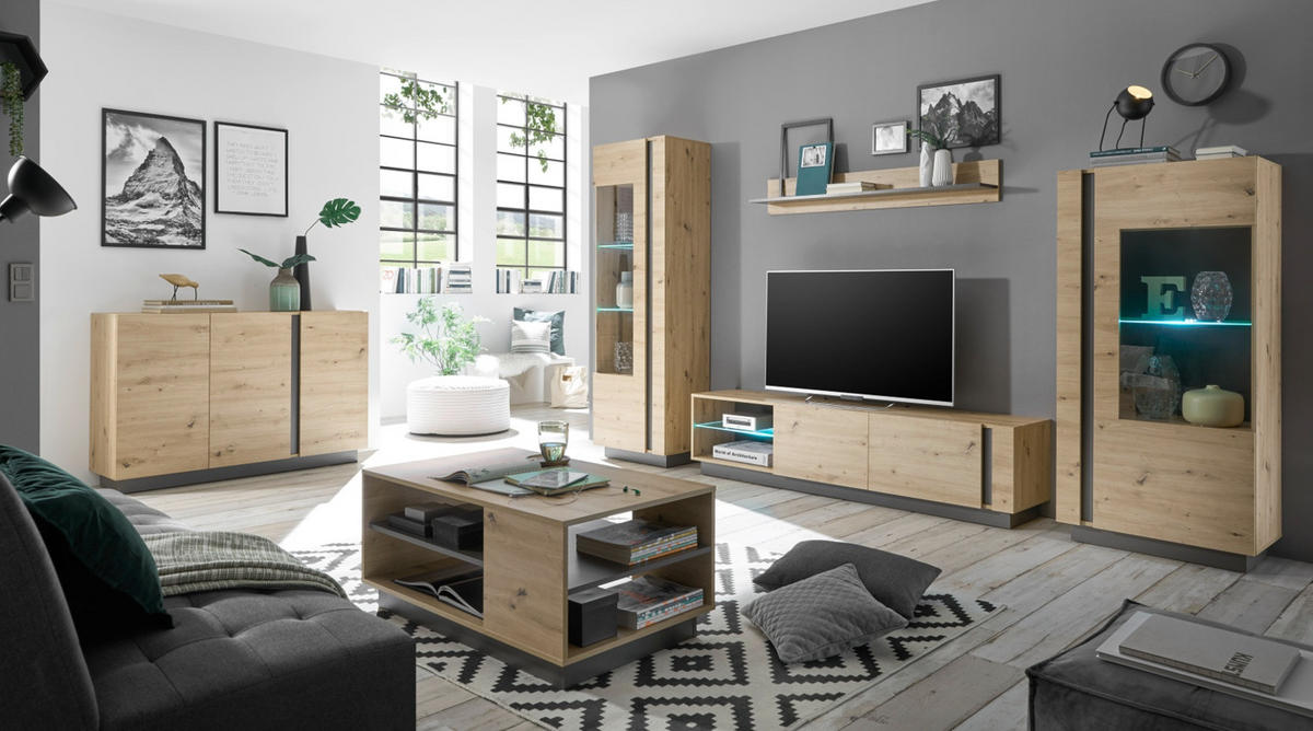 VITRINE Eiche Artisan, Graphit grau 72 cm, Vitrinenschrank mit Soft-Close - Eiche Artisan/Grau, Glas/Holzwerkstoff (72/154/40cm) - Furn.Design