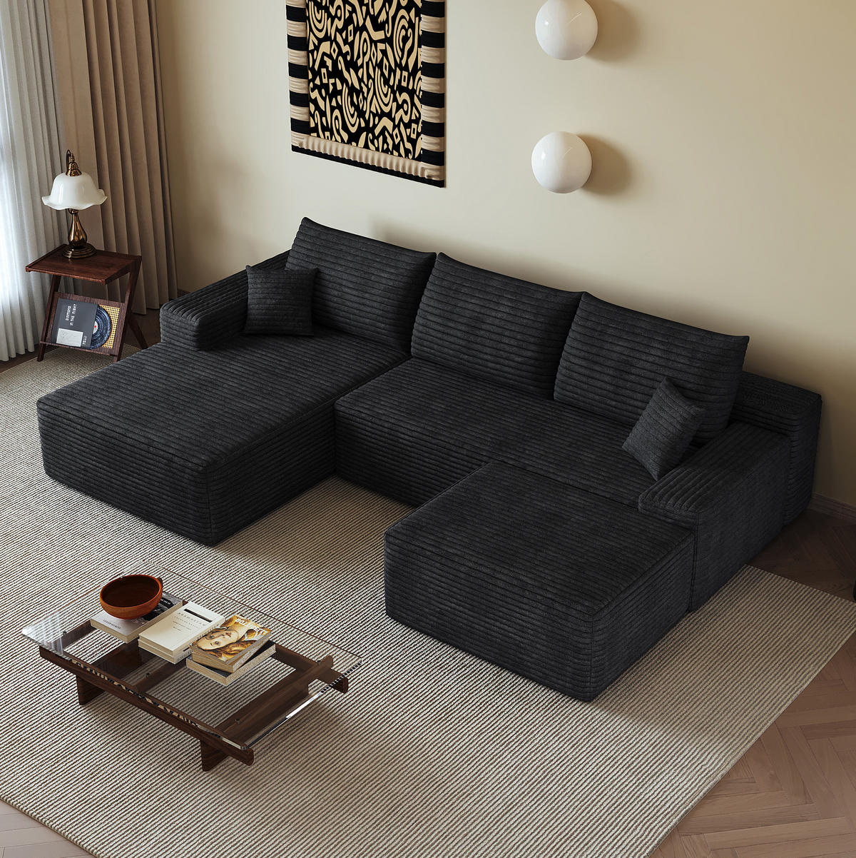 ECKSOFA modular mit Chaiselongue 270 cm Cord Schwarz - Schwarz, Kunststoff (175/83/270cm) - Meubliv