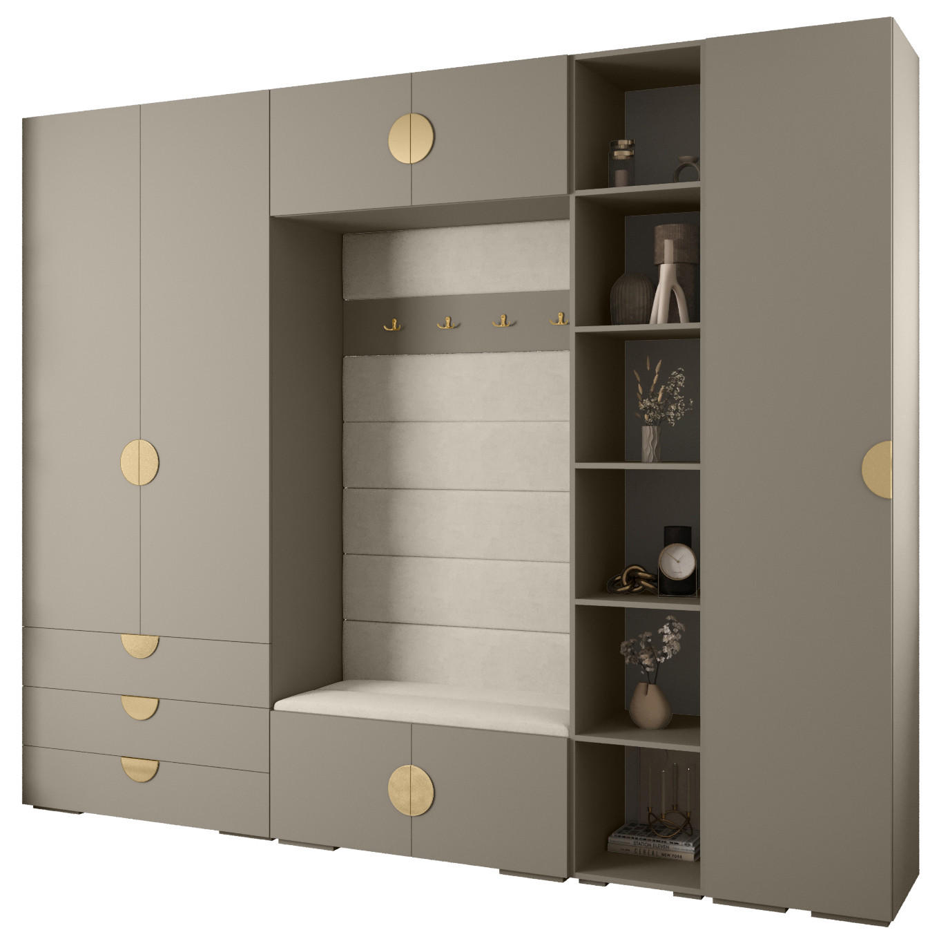 Abiks Möbel Garderoben-Set Kaschmir, Beige, Gold 290x236.7x47 cm