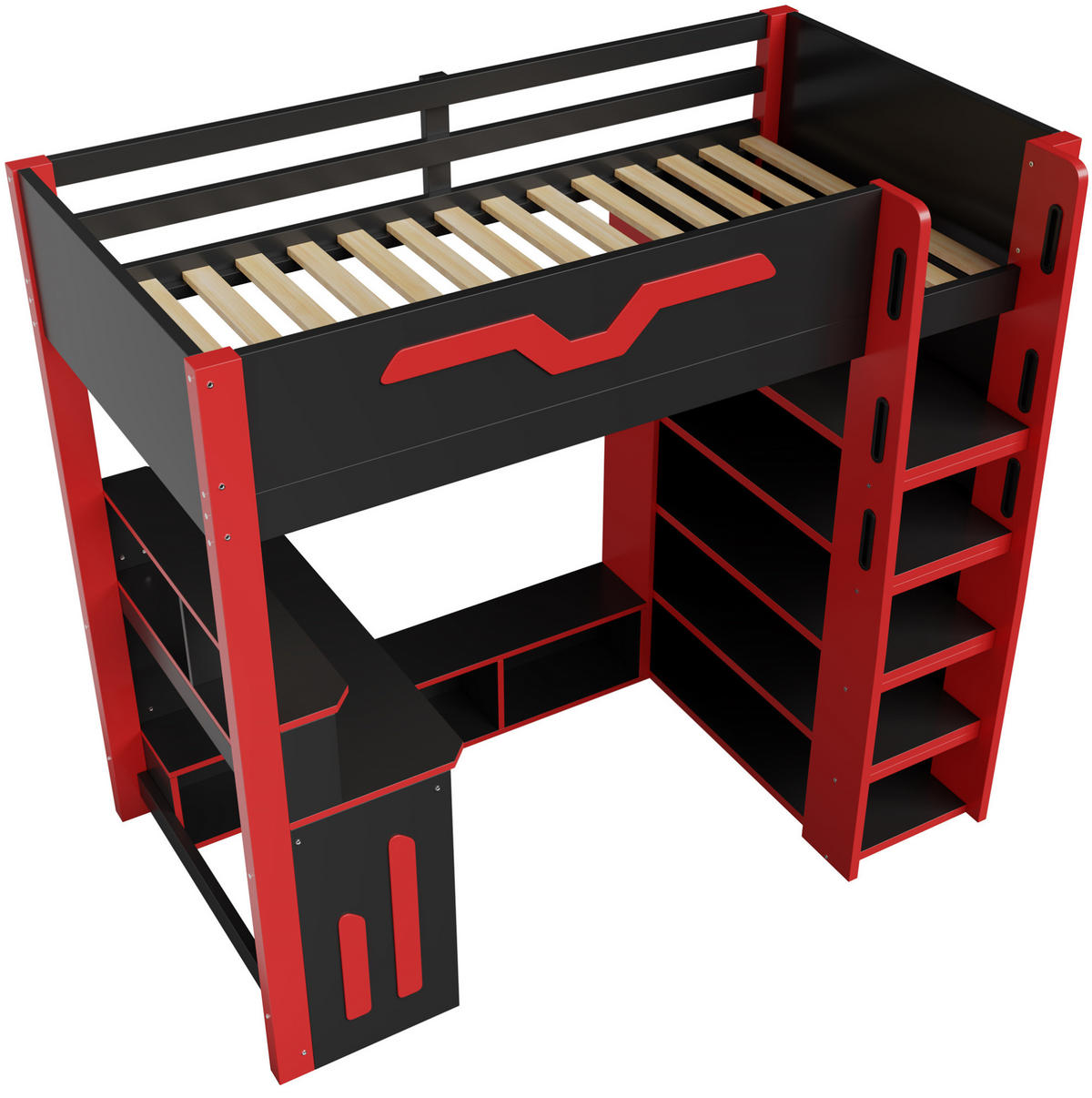 HOCHBETT 90/200 cm aus Holzwerkstoff und Kiefer mit Schreibtisch, Stauraumtreppe und LED Schwarz/Rot - Schwarz, Holzwerkstoff (90/200cm) - Modenvie